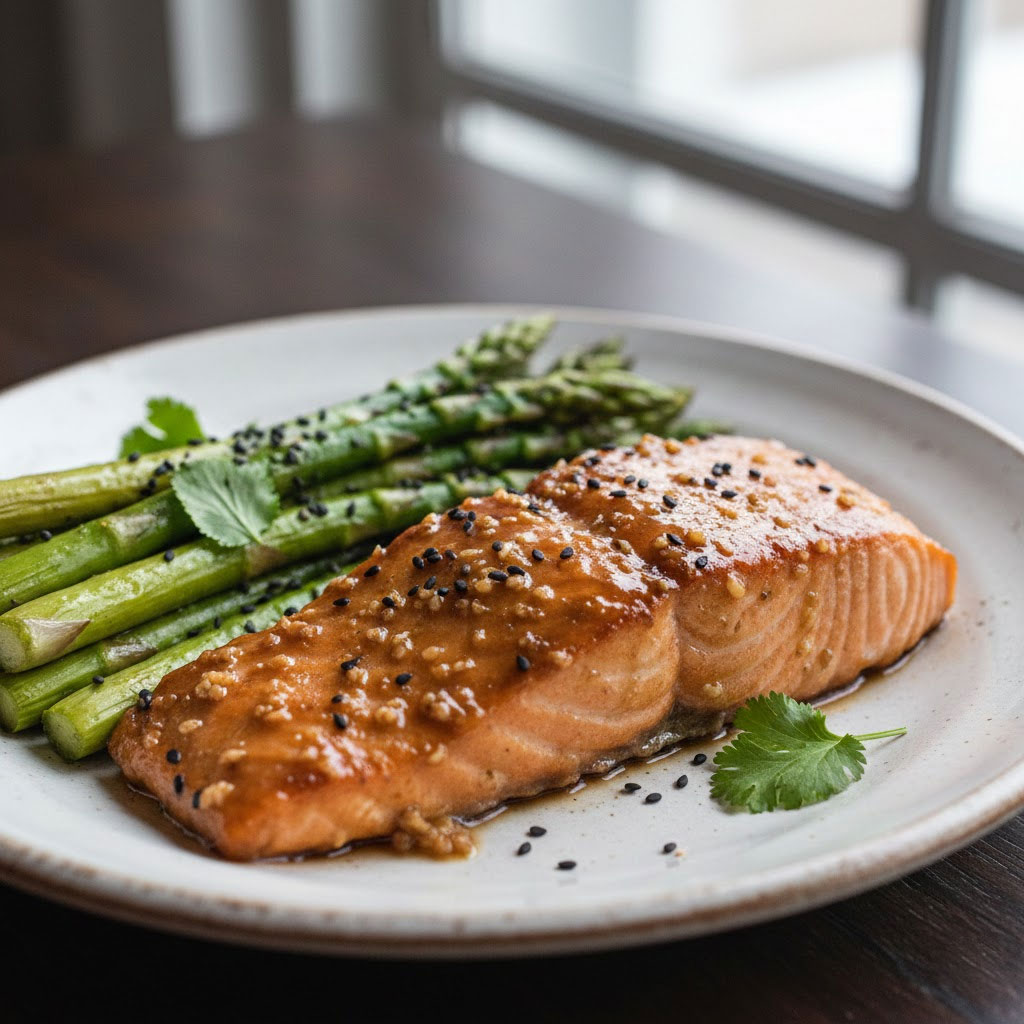 Cá hồi nướng sốt miso mật ong kèm măng tây nướng Cá hồi nướng sốt miso mật ong kèm măng tây nướng