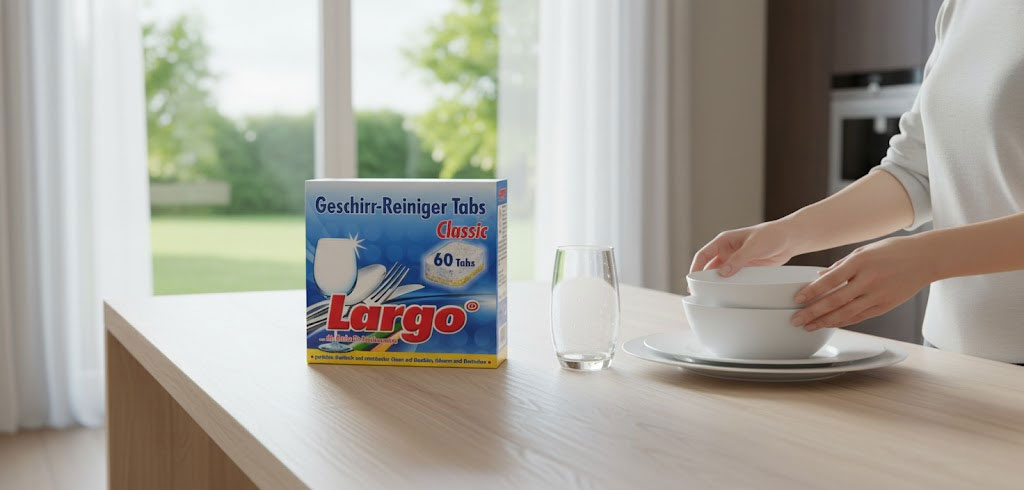 Căn bếp sang trọng với bát đĩa sạch sáng, hộp viên rửa bát Largo Classic 60 viên đặt nổi bật trên bàn ăn Căn bếp sang trọng với bát đĩa sạch sáng, hộp viên rửa bát Largo Classic 60 viên đặt nổi bật trên bàn ăn