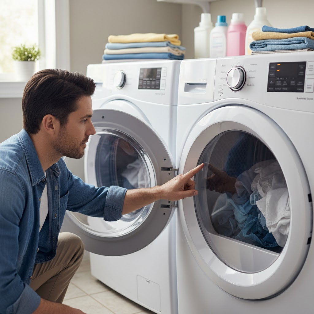 người thao tác máy sấy, chọn chế độ trên bảng điều khiển