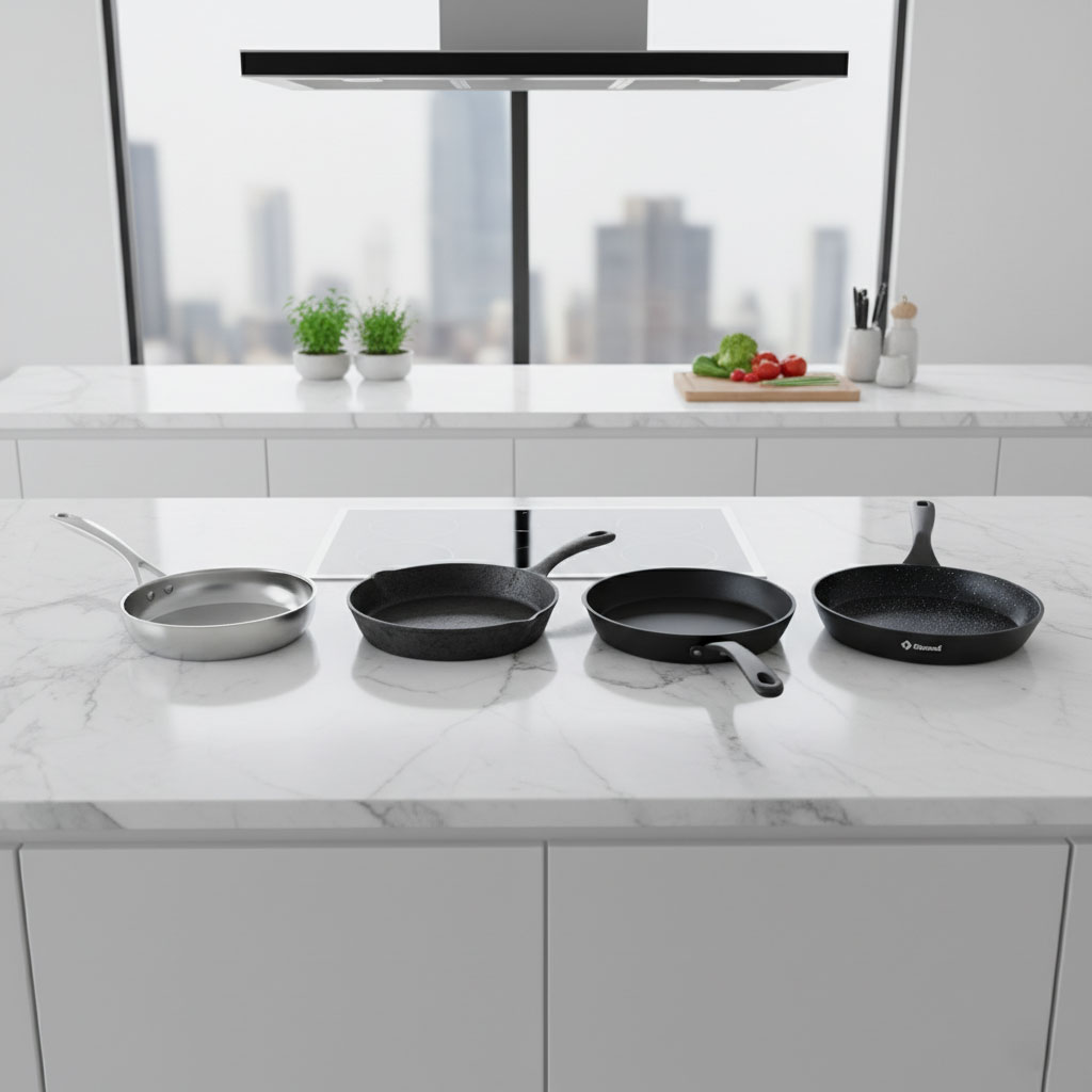 So sánh các loại chảo: inox, nhôm, gang, chống dính, diamond side by side