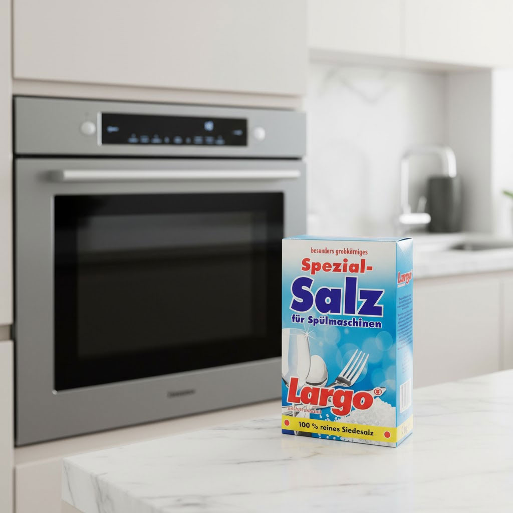Muối làm mềm nước Largo 2kg và máy rửa bát cao cấp trong không gian bếp sang trọng