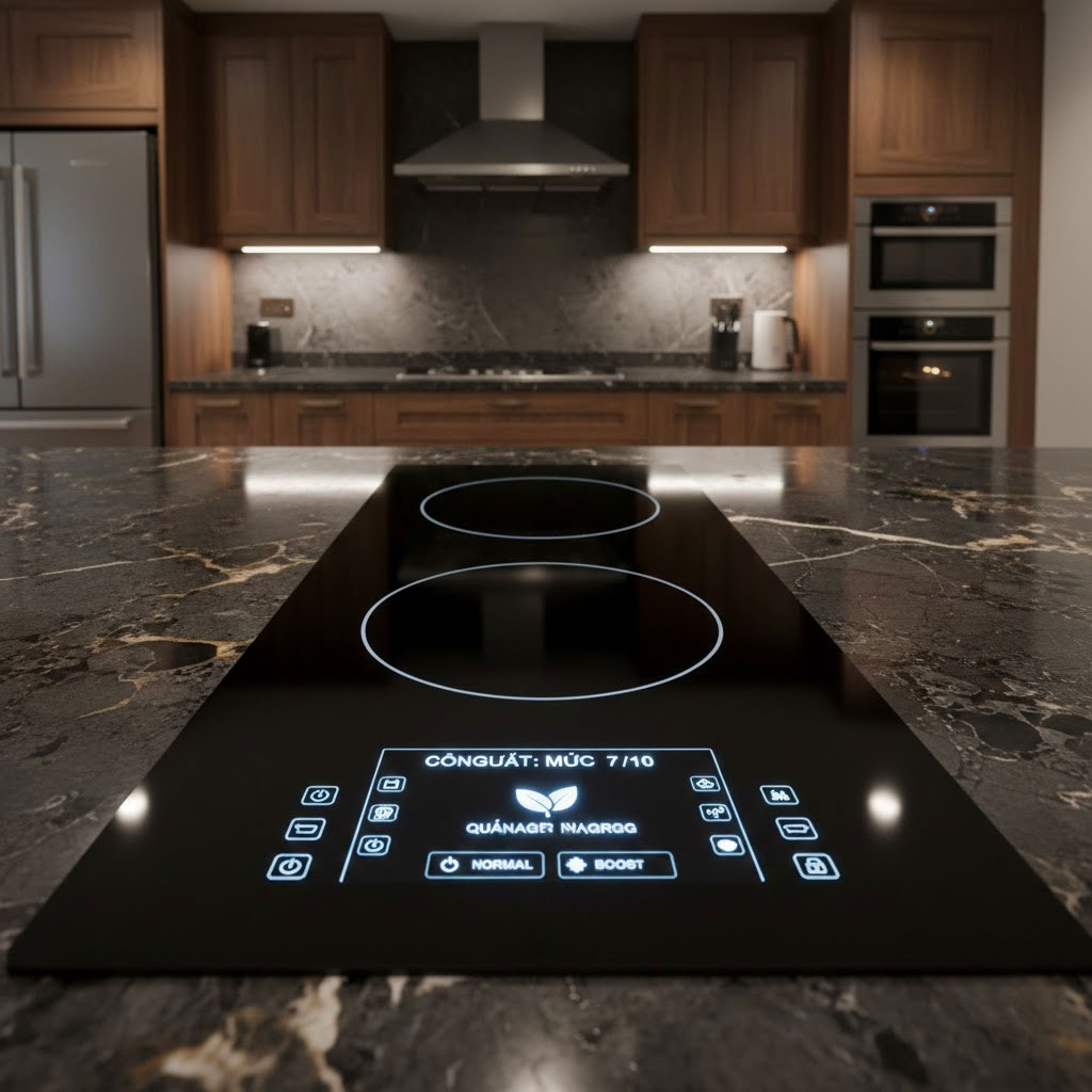 Màn hình bếp từ hiển thị mức công suất và chế độ quản lý năng lượng Màn hình bếp từ hiển thị mức công suất và chế độ quản lý năng lượng