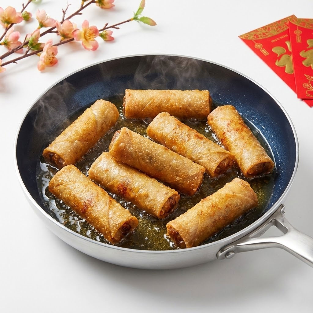 Chảo chống dính cao cấp đang chiên món ăn Tết với màu sắc hấp dẫn