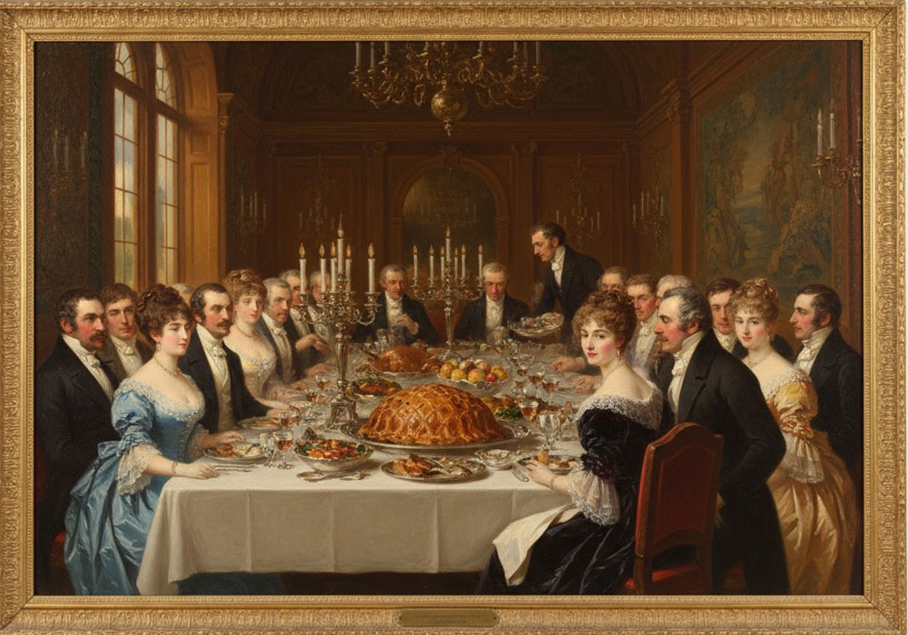 Bức tranh cổ bữa tiệc quý tộc Anh thế kỷ 19 có món Bò Wellington Bức tranh cổ bữa tiệc quý tộc Anh thế kỷ 19 có món Bò Wellington