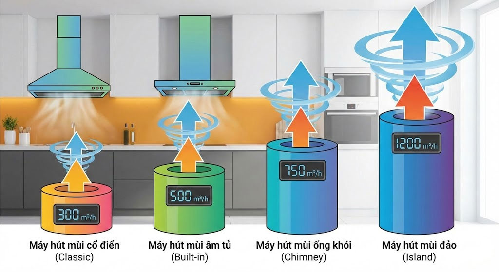 Biểu đồ so sánh công suất hút của các loại máy hút mùi Biểu đồ so sánh công suất hút của các loại máy hút mùi