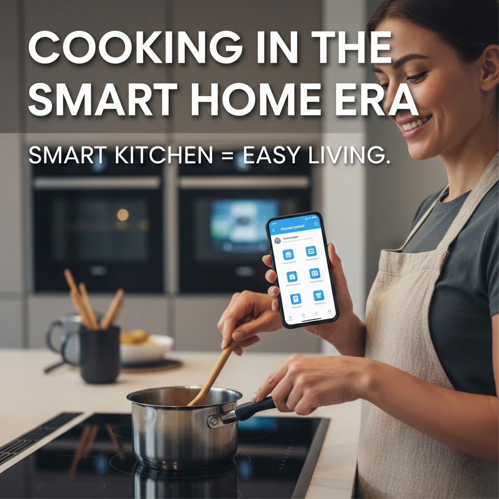 Người dùng đang nấu và cầm điện thoại với giao diện app Home Connect