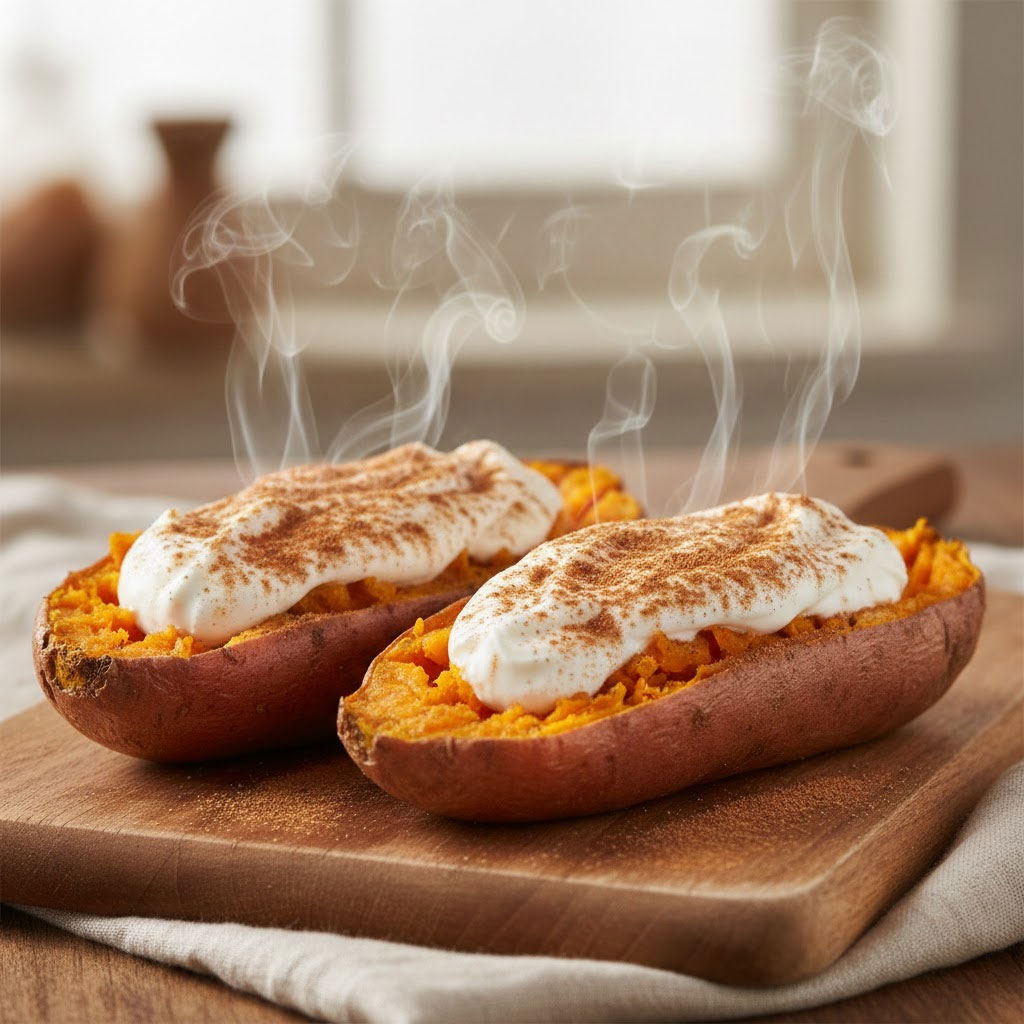 Khoai lang nướng quế ăn cùng sữa chua Hy Lạp không đường Khoai lang nướng quế ăn cùng sữa chua Hy Lạp không đường