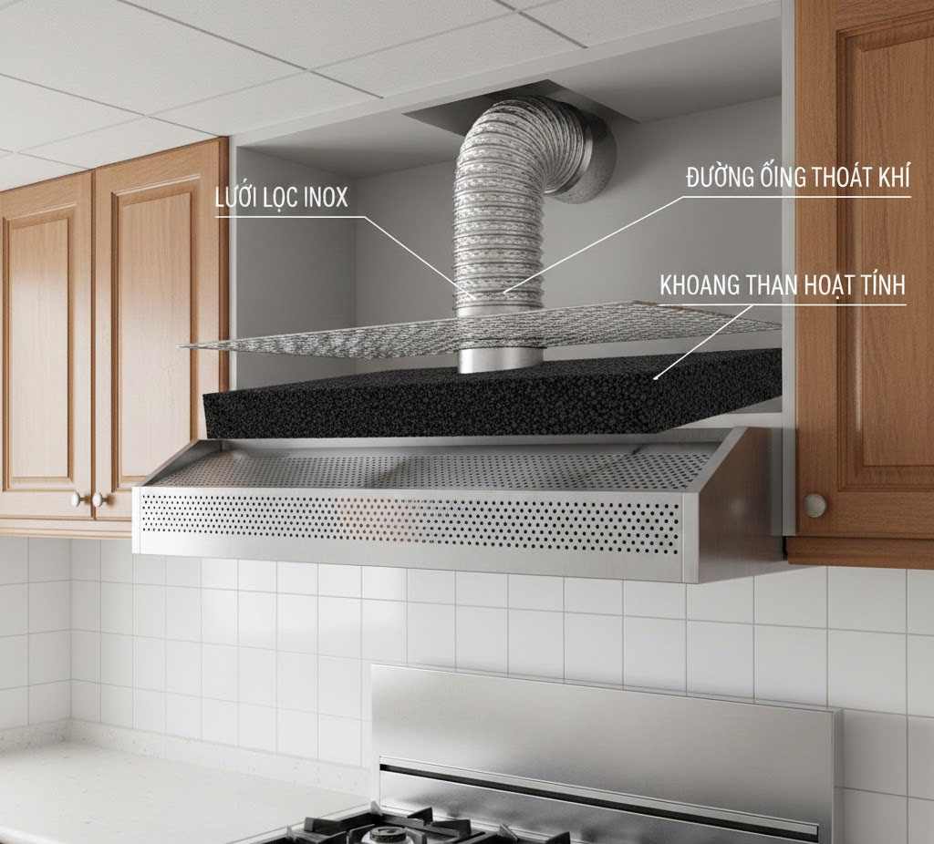 Cấu tạo lưới lọc khoang than hoạt tính và đường ống thoát khí của máy hút mùi Cấu tạo lưới lọc khoang than hoạt tính và đường ống thoát khí của máy hút mùi