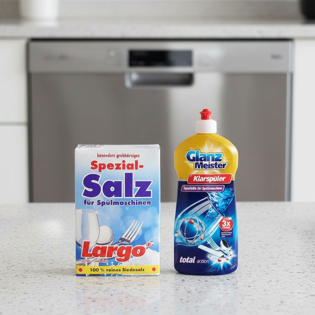 Muối rửa bát và nước trợ xả đặt trên mặt đá bếp sạch cạnh máy rửa bát Muối rửa bát và nước trợ xả đặt trên mặt đá bếp sạch cạnh máy rửa bát