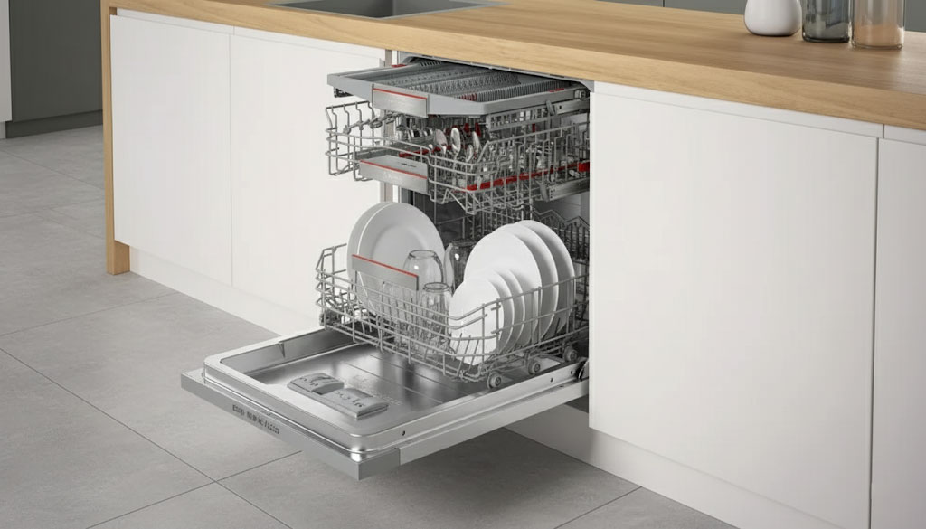 Máy rửa bát cỡ lớn âm tủ mở cửa thấy nhiều rá chứa bát đĩa
