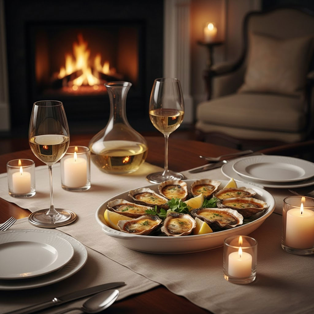 Đĩa hàu nướng phô mai bày trên bàn tiệc sang trọng cùng rượu vang trắng Đĩa hàu nướng phô mai bày trên bàn tiệc sang trọng cùng rượu vang trắng