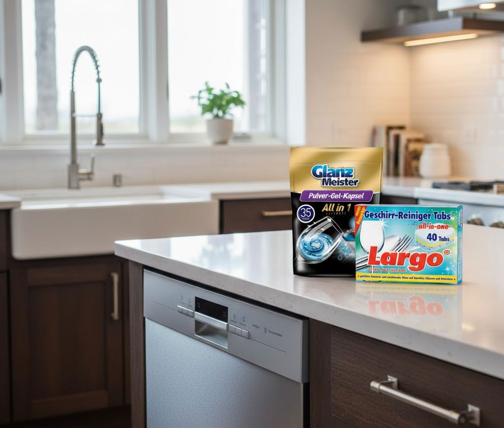 Kệ bếp sang trọng với hộp viên rửa bát hàng hiệu đặt cạnh máy rửa bát Kệ bếp sang trọng với hộp viên rửa bát hàng hiệu đặt cạnh máy rửa bát