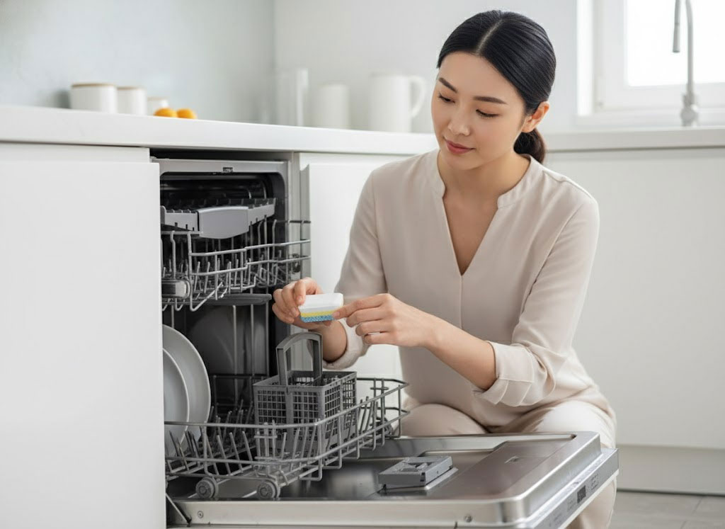 Người nội trợ đặt viên rửa bát vào ngăn máy rửa bát một cách gọn gàng Người nội trợ đặt viên rửa bát vào ngăn máy rửa bát một cách gọn gàng
