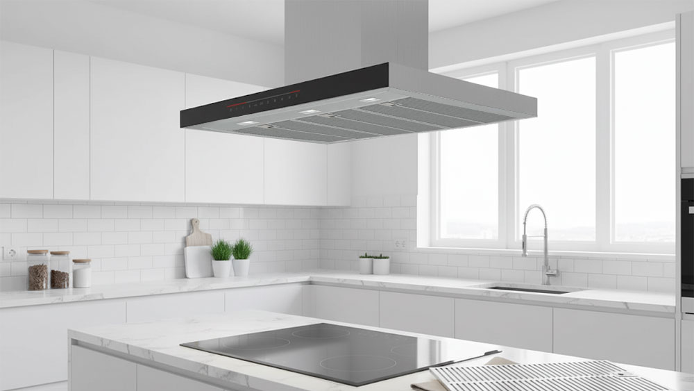 Bảng điều khiển cảm ứng và đèn LED của máy hút mùi Bosch, kèm bộ lọc dễ vệ sinh