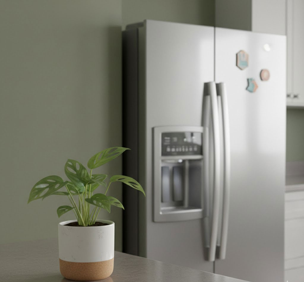 Chậu cây nhỏ bên cạnh tủ lạnh 