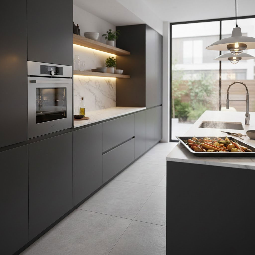 Căn bếp hiện đại với lò nướng âm tủ và khay rau củ nướng ít dầu Căn bếp hiện đại với lò nướng âm tủ và khay rau củ nướng ít dầu