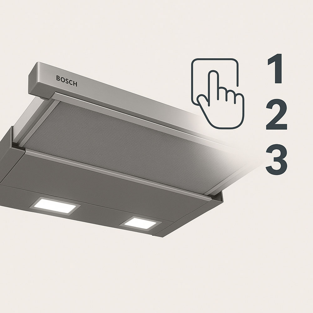 Hút mùi Bosch DFT63CA51T có 3 mức công suất phù hợp với tưng món ăn Hút mùi Bosch DFT63CA51T có 3 mức công suất phù hợp với tưng món ăn