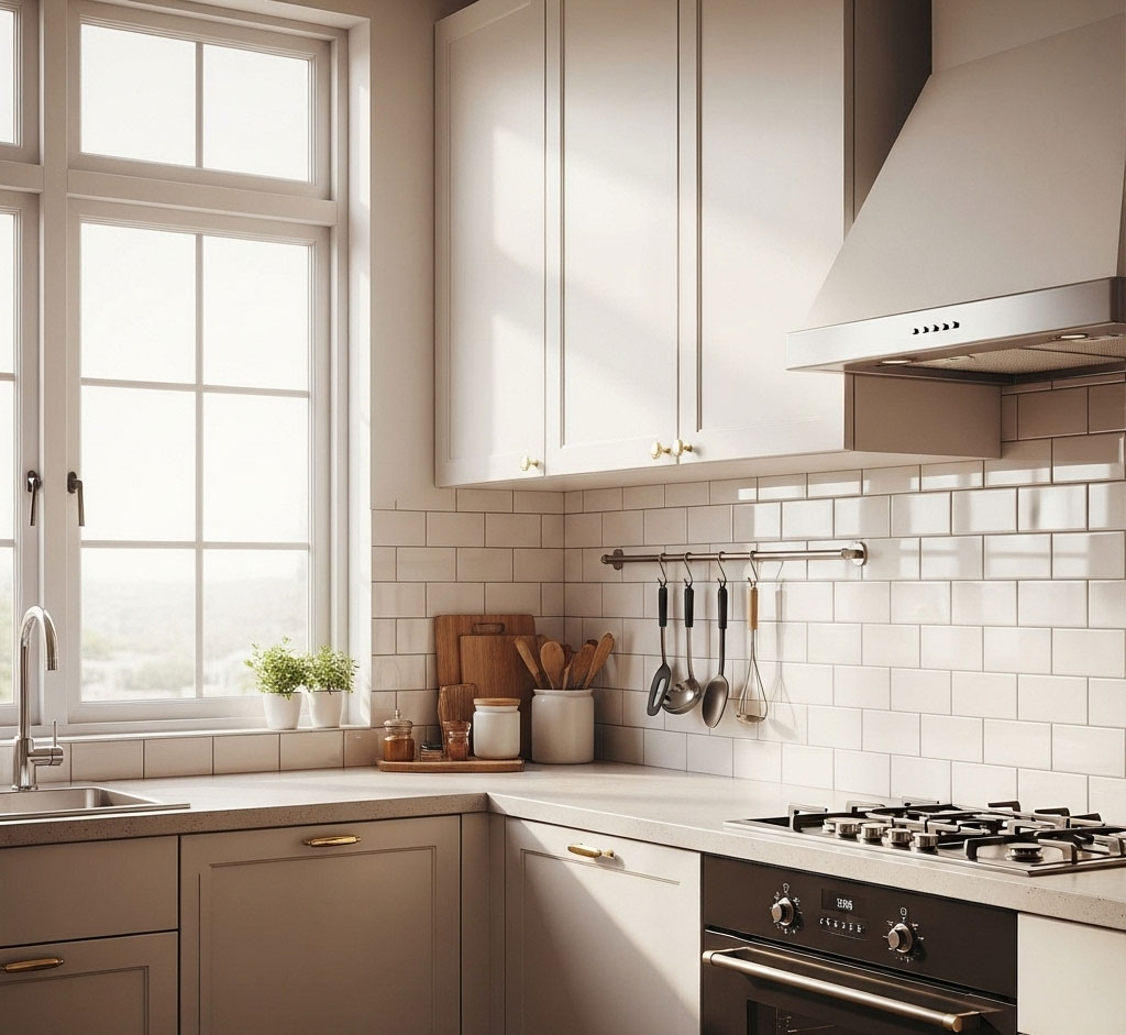 Bề mặt tường hoặc gạch ốp bếp không có dấu ẩm mốc, phòng bếp sáng và khô thoáng.