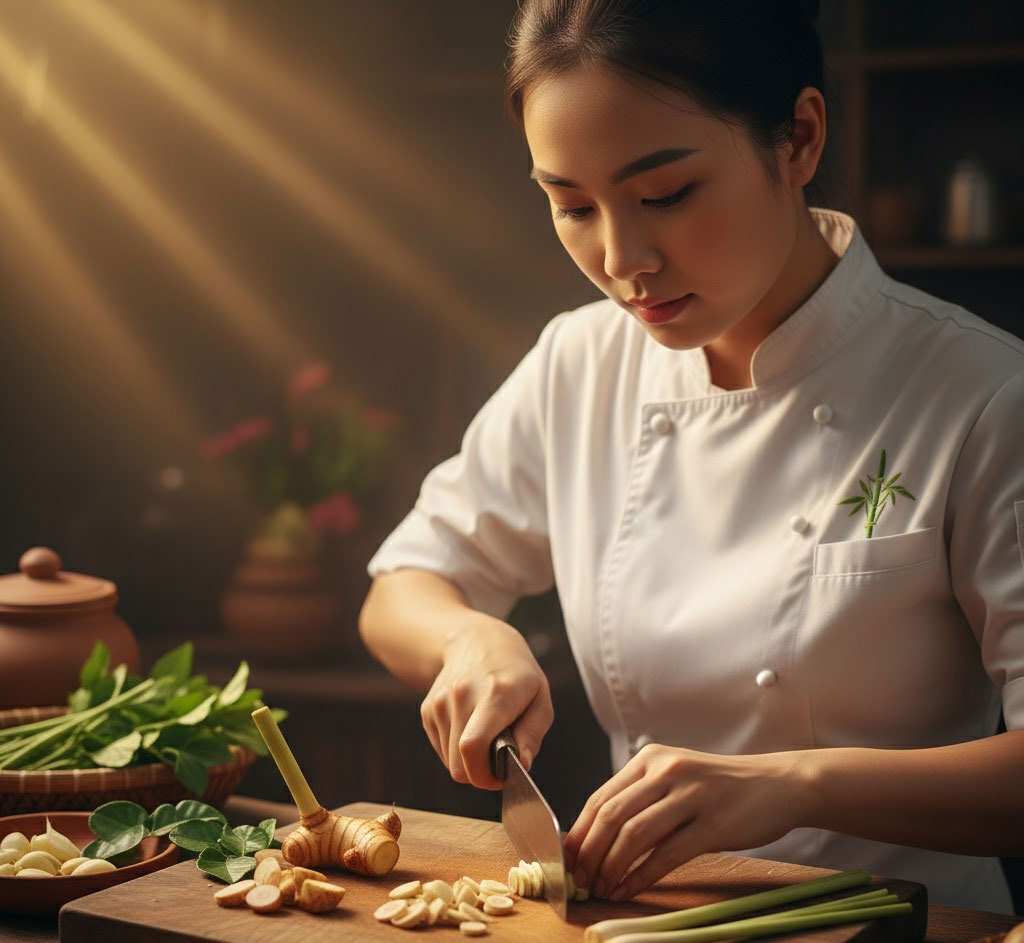 Người đầu bếp thái sả và giềng trên thớt gỗ dưới ánh đèn vàng Người đầu bếp thái sả và giềng trên thớt gỗ dưới ánh đèn vàng