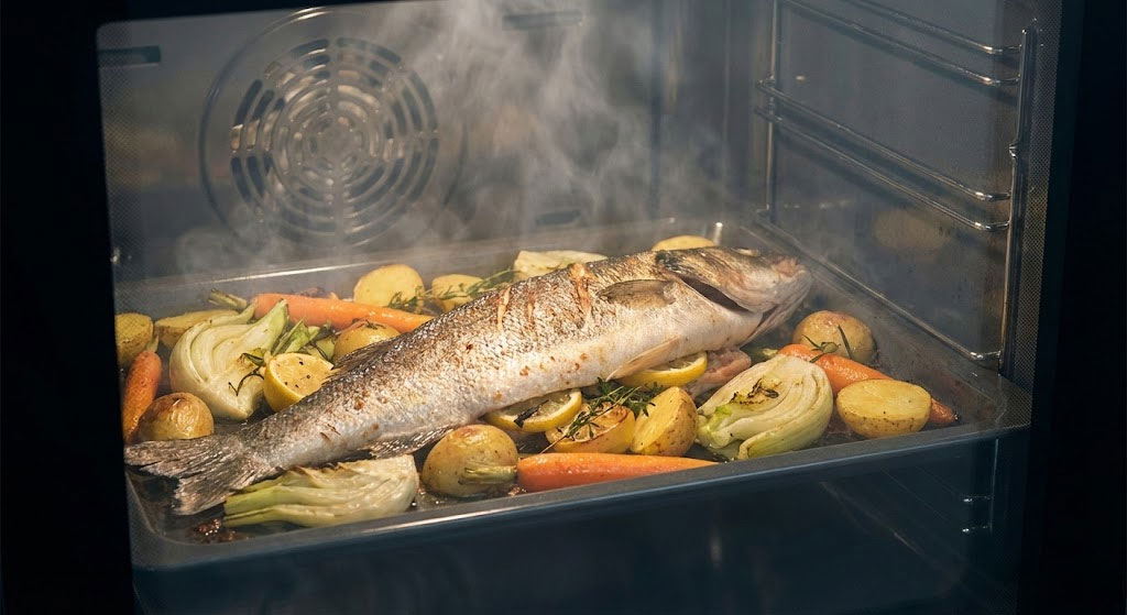 Khay cá và rau củ trong lò nướng kết hợp hấp tạo độ mềm mọng