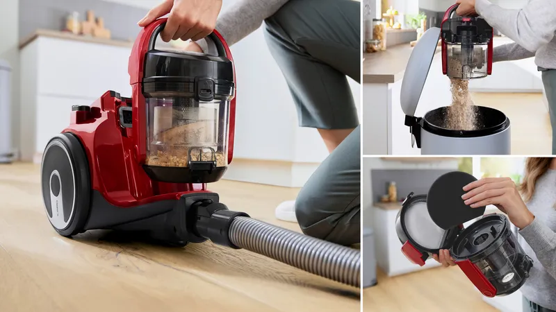 Hộp chứa bụi dung tích 1.5L của Bosch BGC05AAA2, dễ tháo rời và vệ sinh