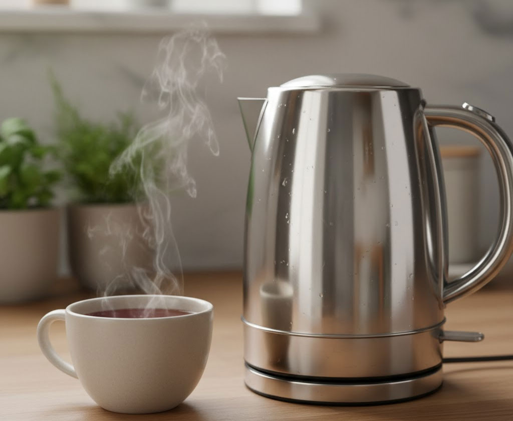 Cận cảnh bình siêu tốc inox sáng bóng bên tách trà bốc khói