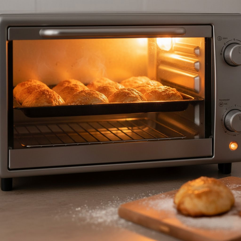 Lò nướng mini đang hoạt động với khay bánh vàng ruộm