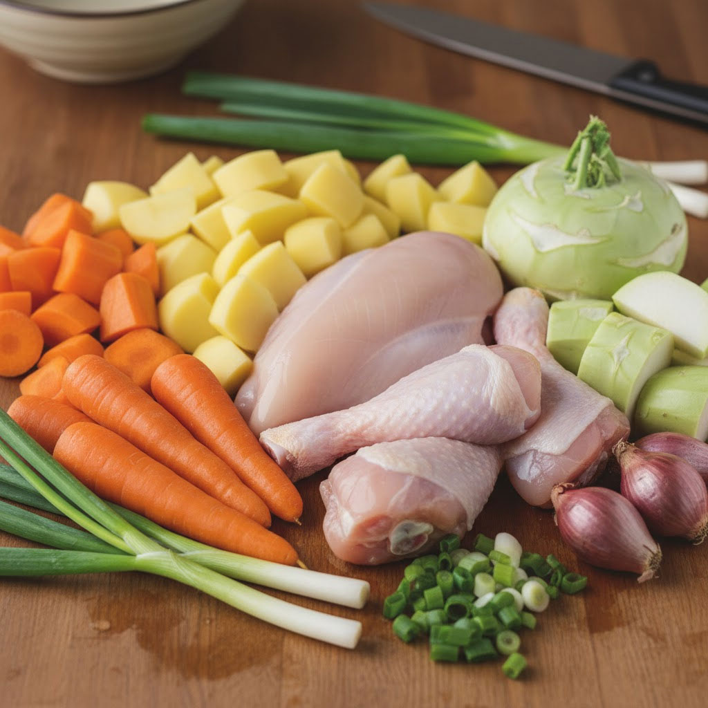 Nguyên liệu tươi gồm thịt gà, cà rốt, khoai tây, su hào, hành tím, hành lá Nguyên liệu tươi gồm thịt gà, cà rốt, khoai tây, su hào, hành tím, hành lá