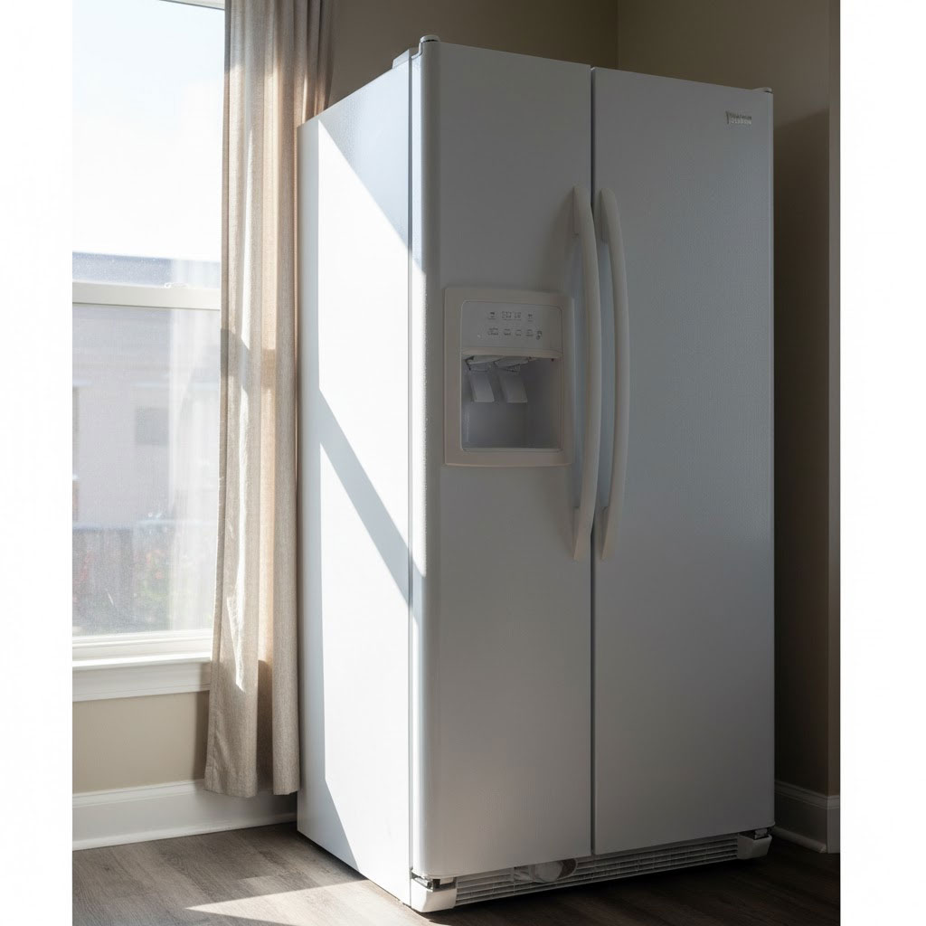 Tủ lạnh đặt gần cửa sổ bị ánh nắng chiếu, có rèm che nắng