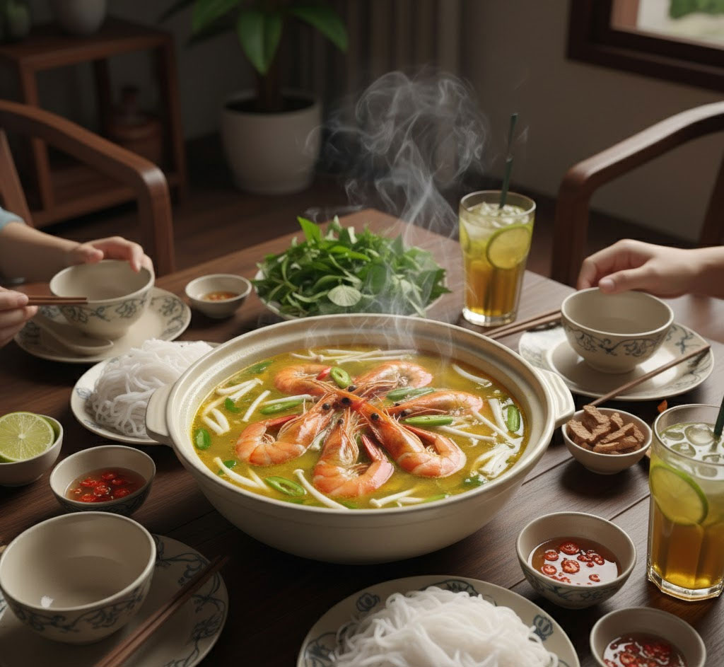 Bàn ăn gia đình với món canh chua tôm kiểu Thái nóng hổi Bàn ăn gia đình với món canh chua tôm kiểu Thái nóng hổi