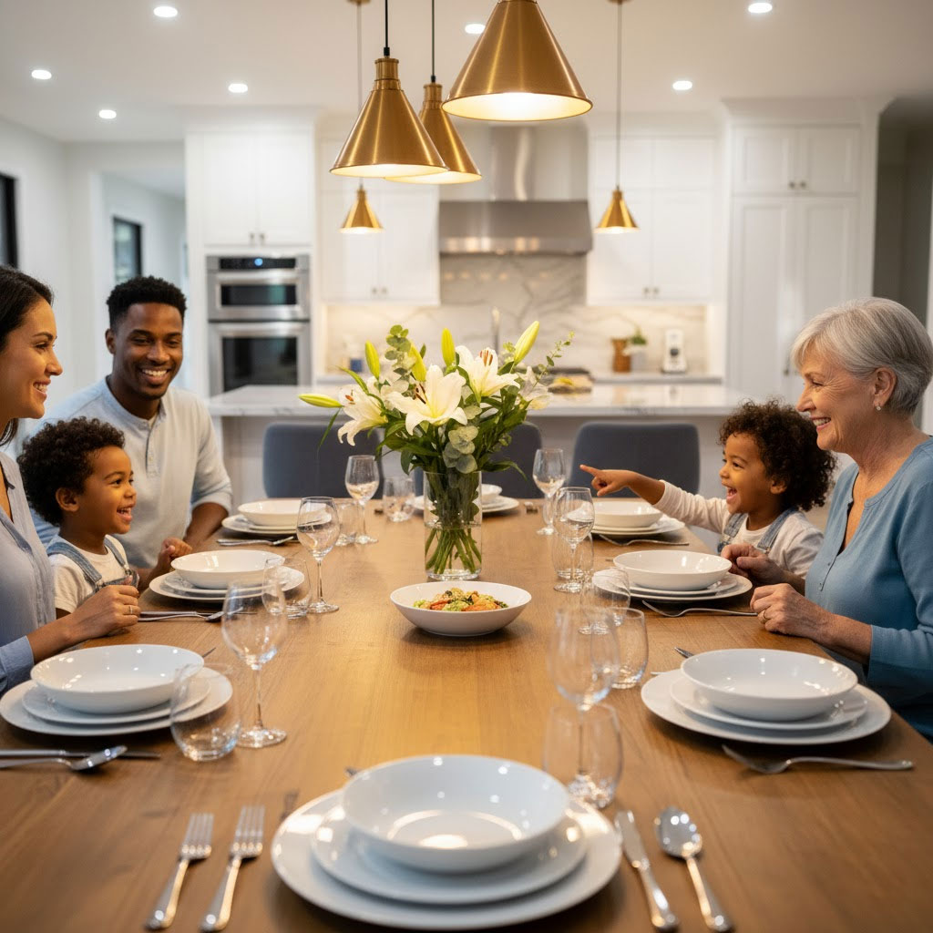 gia đình quây quần bên bàn ăn, bát đĩa sáng bóng dưới ánh đèn