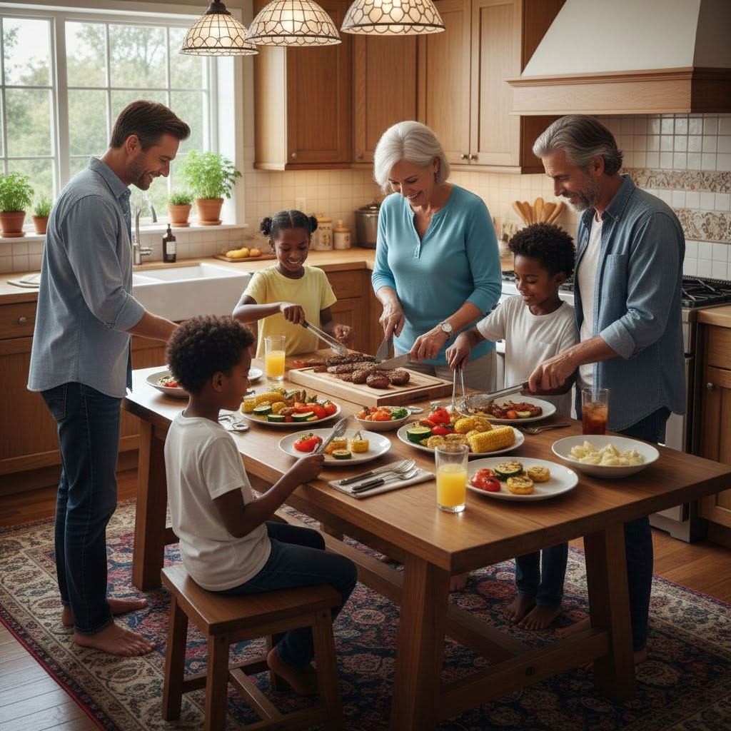 Gia đình đông người quây quần bên mâm món nướng ngày Tết