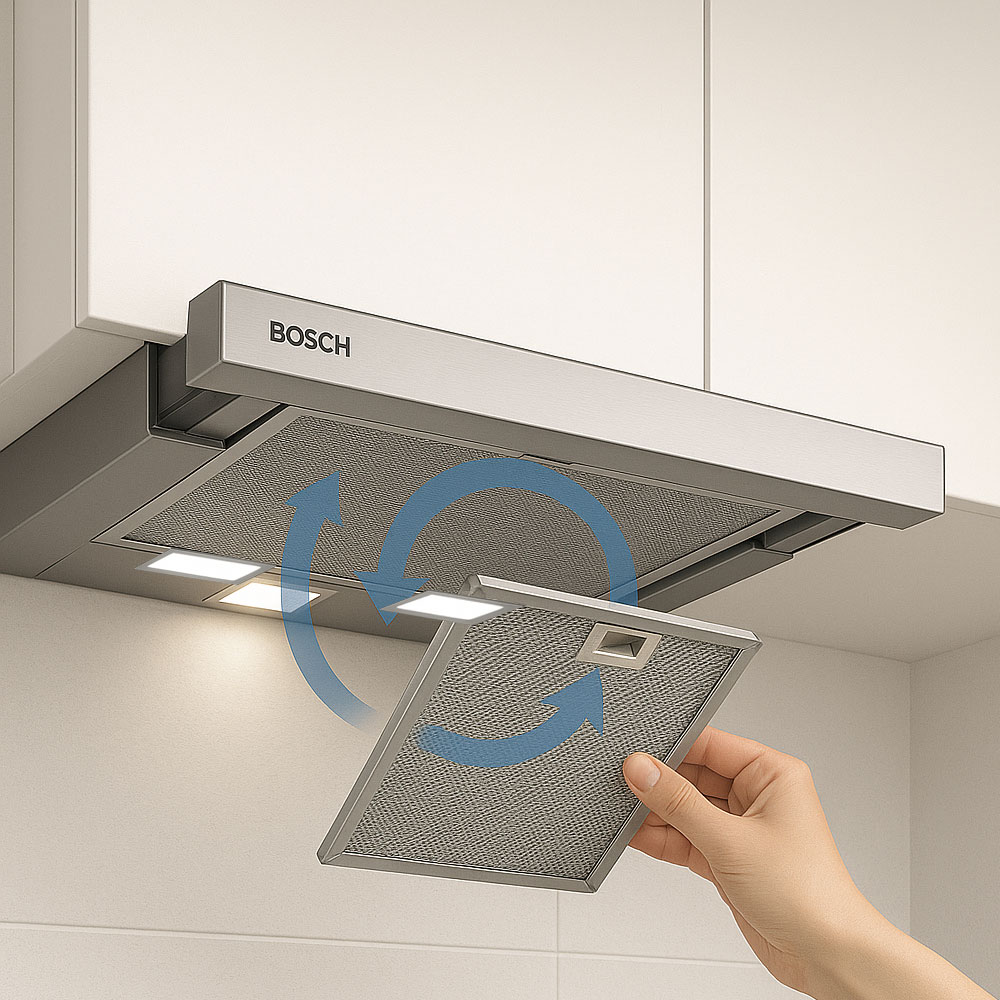 Bosch DFT63CA51T có hệ thống lọc dầu mỡ bằng nhôm, dễ tháo rửa, hiệu quả cao Bosch DFT63CA51T có hệ thống lọc dầu mỡ bằng nhôm, dễ tháo rửa, hiệu quả cao