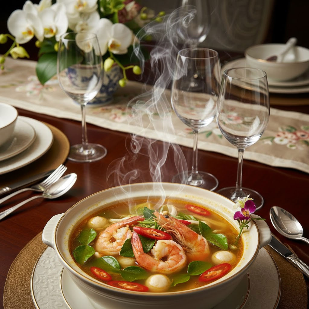 Bát canh chua tôm kiểu Thái bốc khói, bày trên bàn ăn sang trọng Bát canh chua tôm kiểu Thái bốc khói, bày trên bàn ăn sang trọng