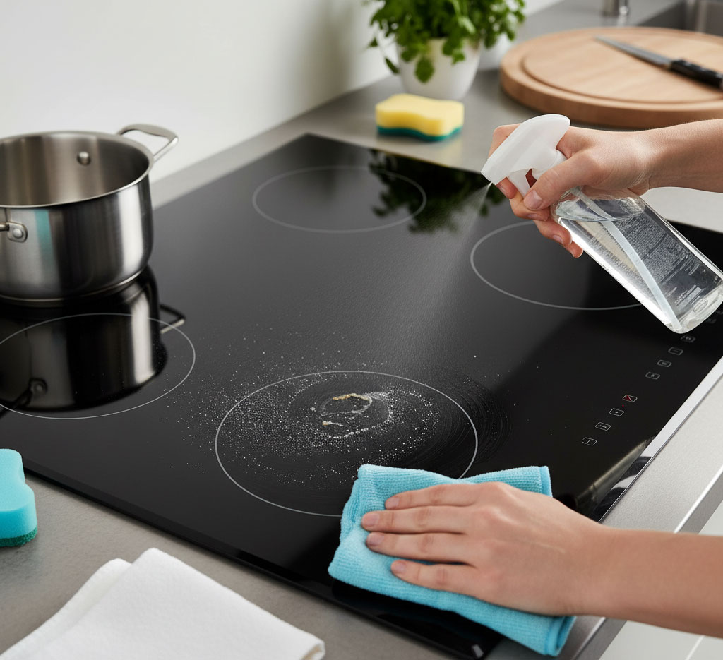 Sử dụng dung dịch nhẹ để vệ sinh mặt kính bếp từ Sử dụng dung dịch nhẹ để vệ sinh mặt kính bếp từ