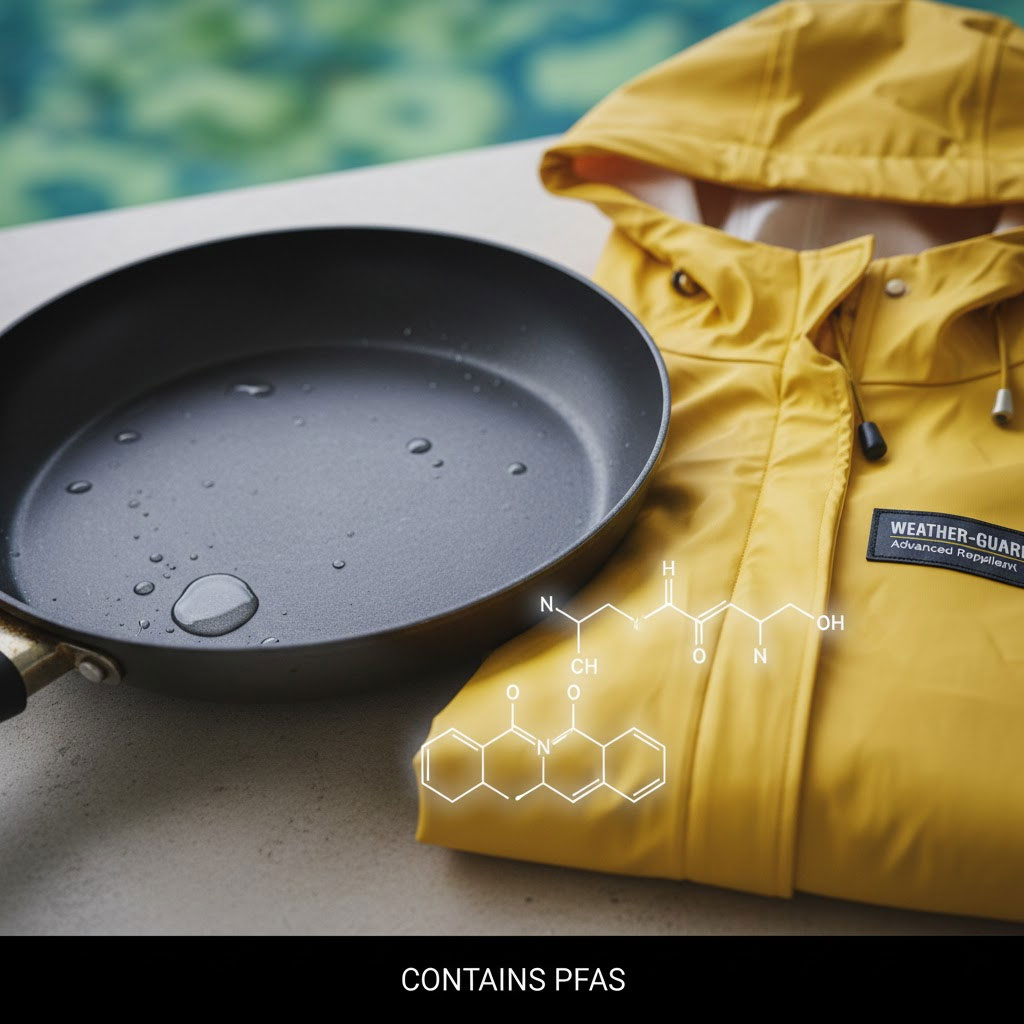 Chảo chống dính và áo mưa biểu tượng cho sản phẩm chứa PFAS Chảo chống dính và áo mưa biểu tượng cho sản phẩm chứa PFAS