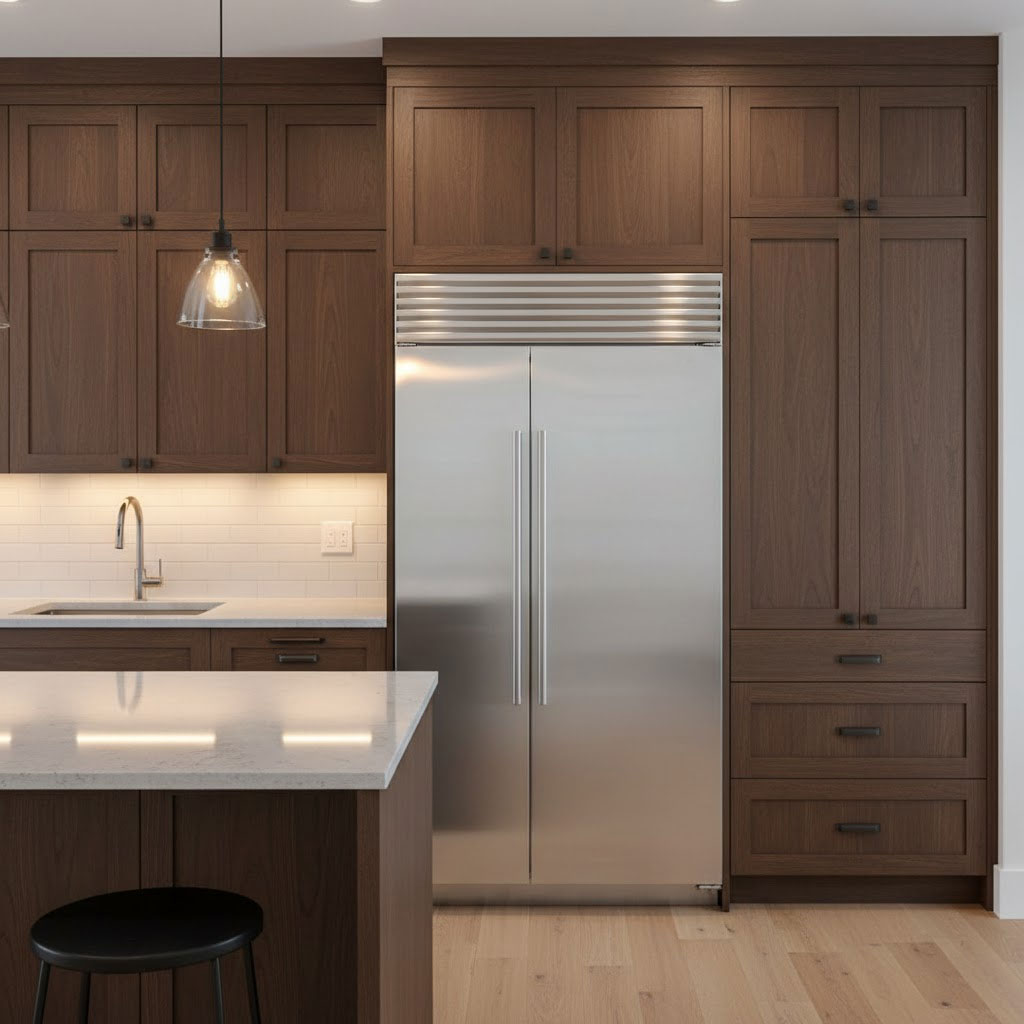 Tủ lạnh âm vào hệ tủ bếp, khe thoáng phía trên tủ bếp lộ ra