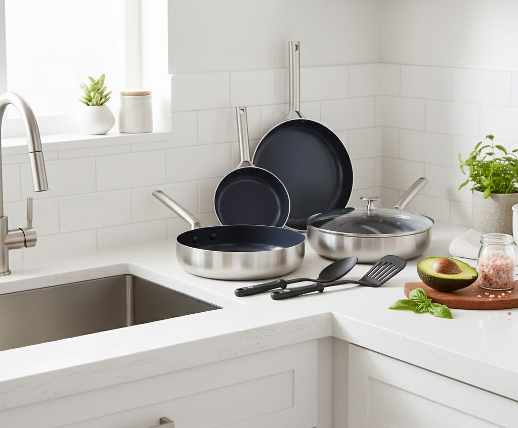 chảo Blue Diamond với lớp phủ tinh thể kim cương đặt trong không gian bếp hiện đại, biểu trưng cho lối sống an toàn và tinh tế chảo Blue Diamond với lớp phủ tinh thể kim cương đặt trong không gian bếp hiện đại, biểu trưng cho lối sống an toàn và tinh tế