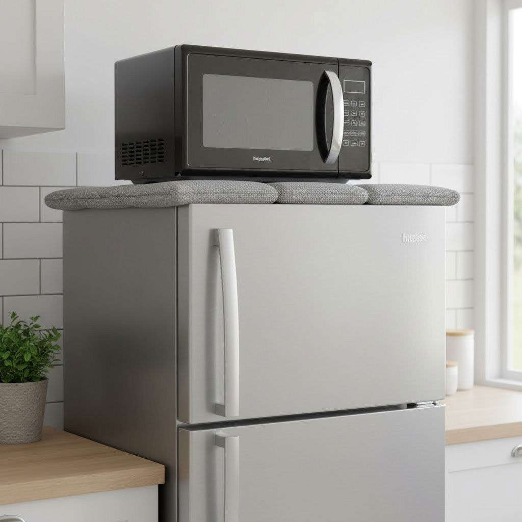 Tủ lạnh có lò vi sóng đặt phía trên và lớp cách nhiệt giữa hai thiết bị