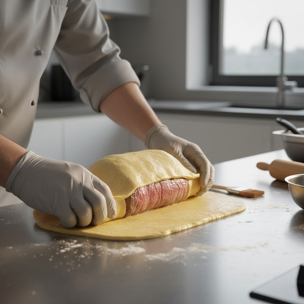 Đôi tay đầu bếp bọc Bò Wellington bằng bột ngàn lớp Đôi tay đầu bếp bọc Bò Wellington bằng bột ngàn lớp