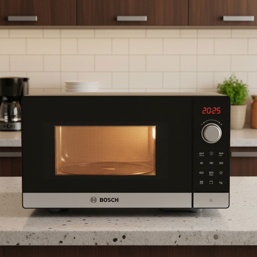 Lò vi sóng đặt trên bàn bếp với đèn nội thất ấm áp Lò vi sóng đặt trên bàn bếp với đèn nội thất ấm áp