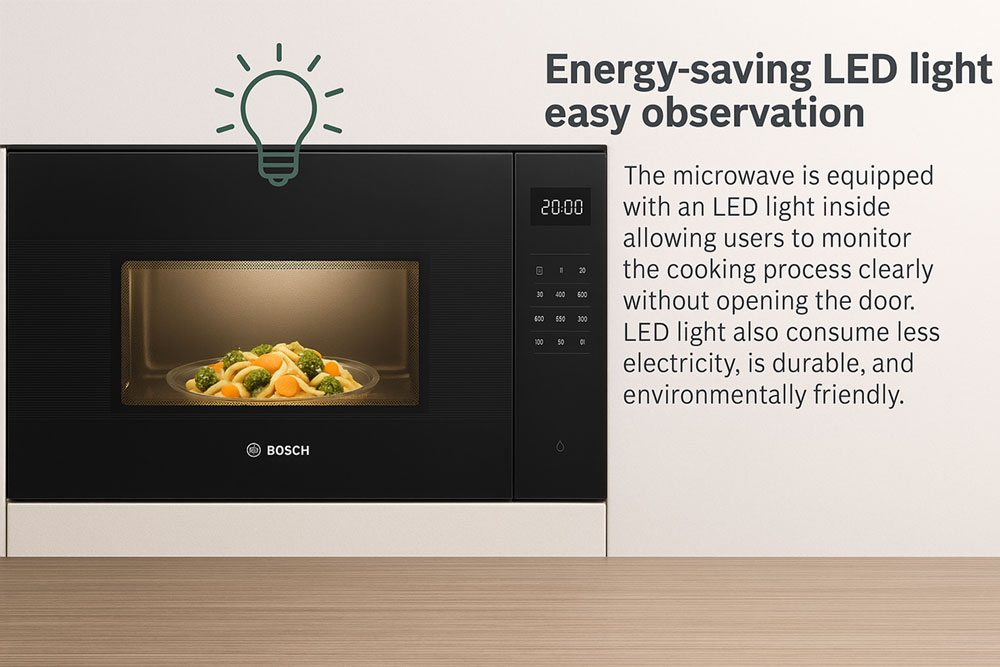 Lò vi sóng Bosch BEL524MB2 có hệ thống chiếu sáng giúp dễ dàng quan sát hoạt động của lò Lò vi sóng Bosch BEL524MB2 có hệ thống chiếu sáng giúp dễ dàng quan sát hoạt động của lò