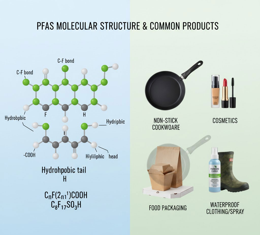 Cấu trúc phân tử PFAS và các sản phẩm tiêu dùng chứa PFAS Cấu trúc phân tử PFAS và các sản phẩm tiêu dùng chứa PFAS