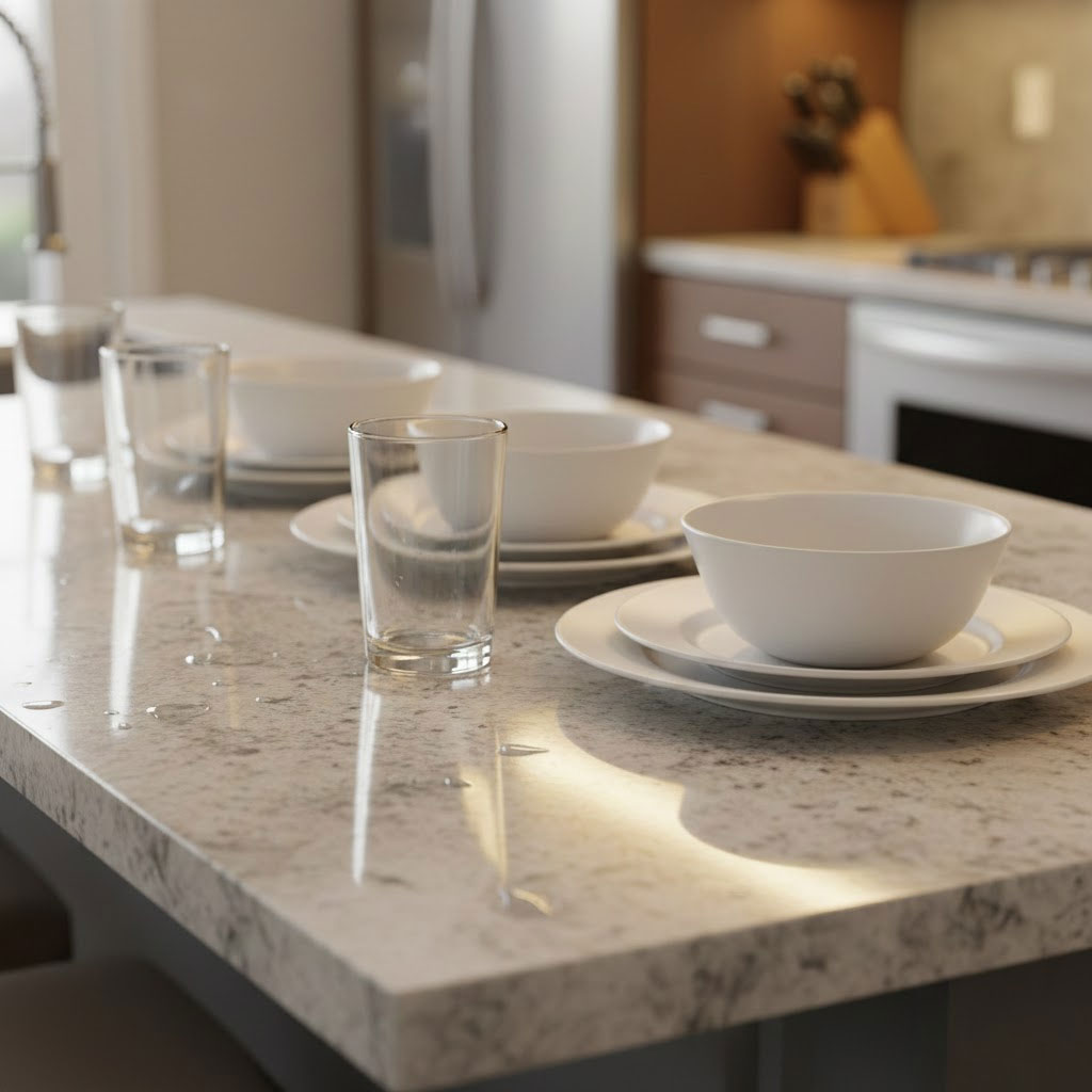 Bộ bát đĩa sứ trắng và ly thủy tinh trong suốt trên mặt đá bếp sạch bóng ánh vàng ấm Bộ bát đĩa sứ trắng và ly thủy tinh trong suốt trên mặt đá bếp sạch bóng ánh vàng ấm