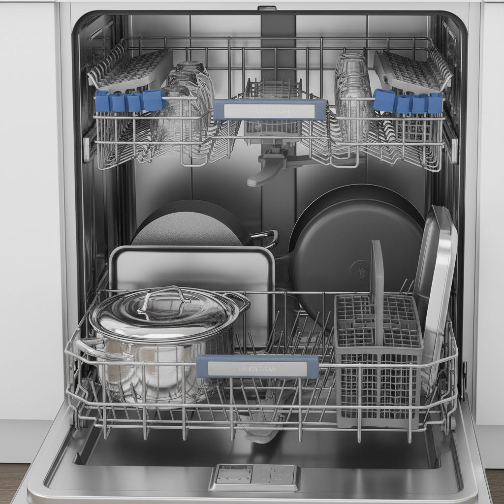 Nội thất bên trong máy rửa bát cao cấp với khay đựng xoong chảo linh hoạt Nội thất bên trong máy rửa bát cao cấp với khay đựng xoong chảo linh hoạt