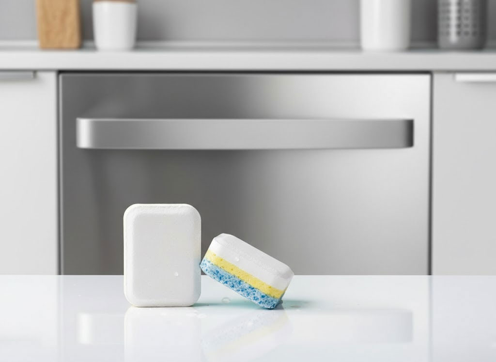 Viên rửa bát đặt bên máy rửa bát hiện đại Viên rửa bát đặt bên máy rửa bát hiện đại