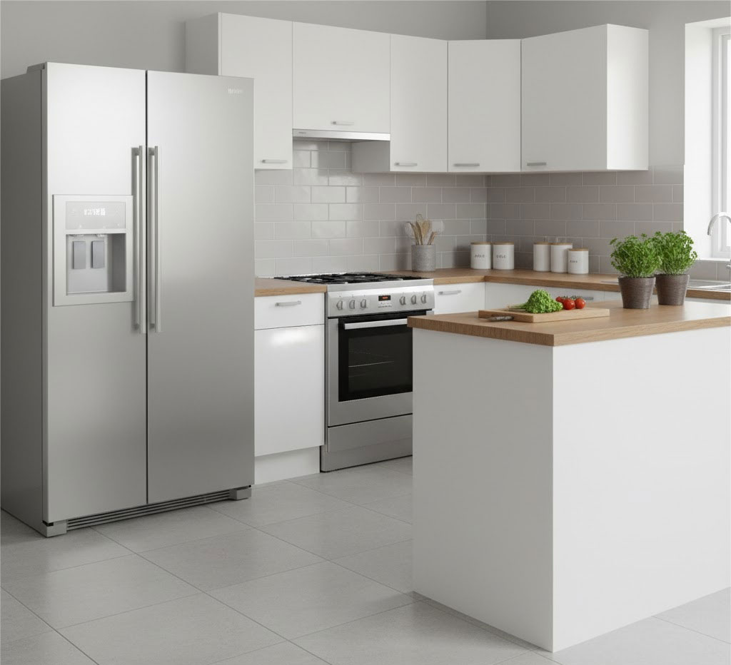 Tủ lạnh cách bếp khoảng cách vừa đủ, có kệ ngăn cách