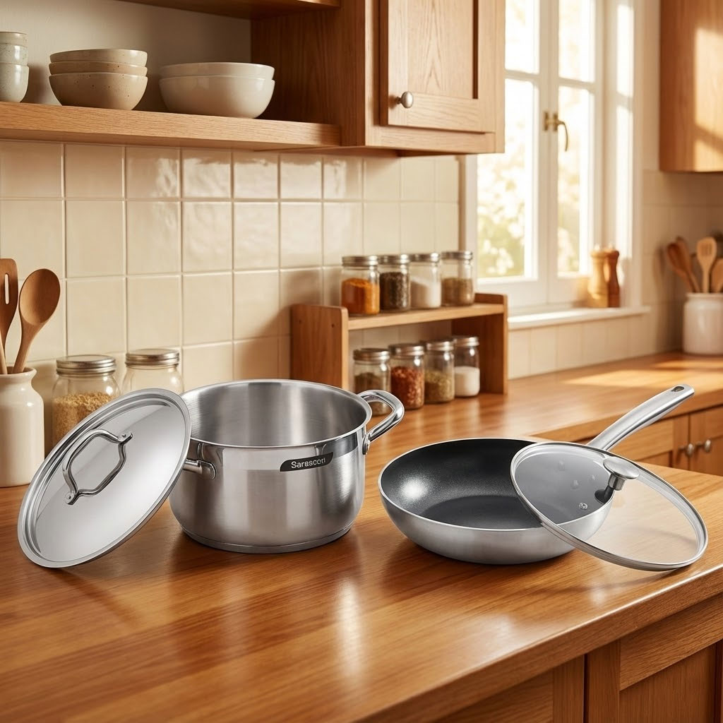 Bộ nồi chảo có nắp được sắp xếp gọn gàng trong gian bếp