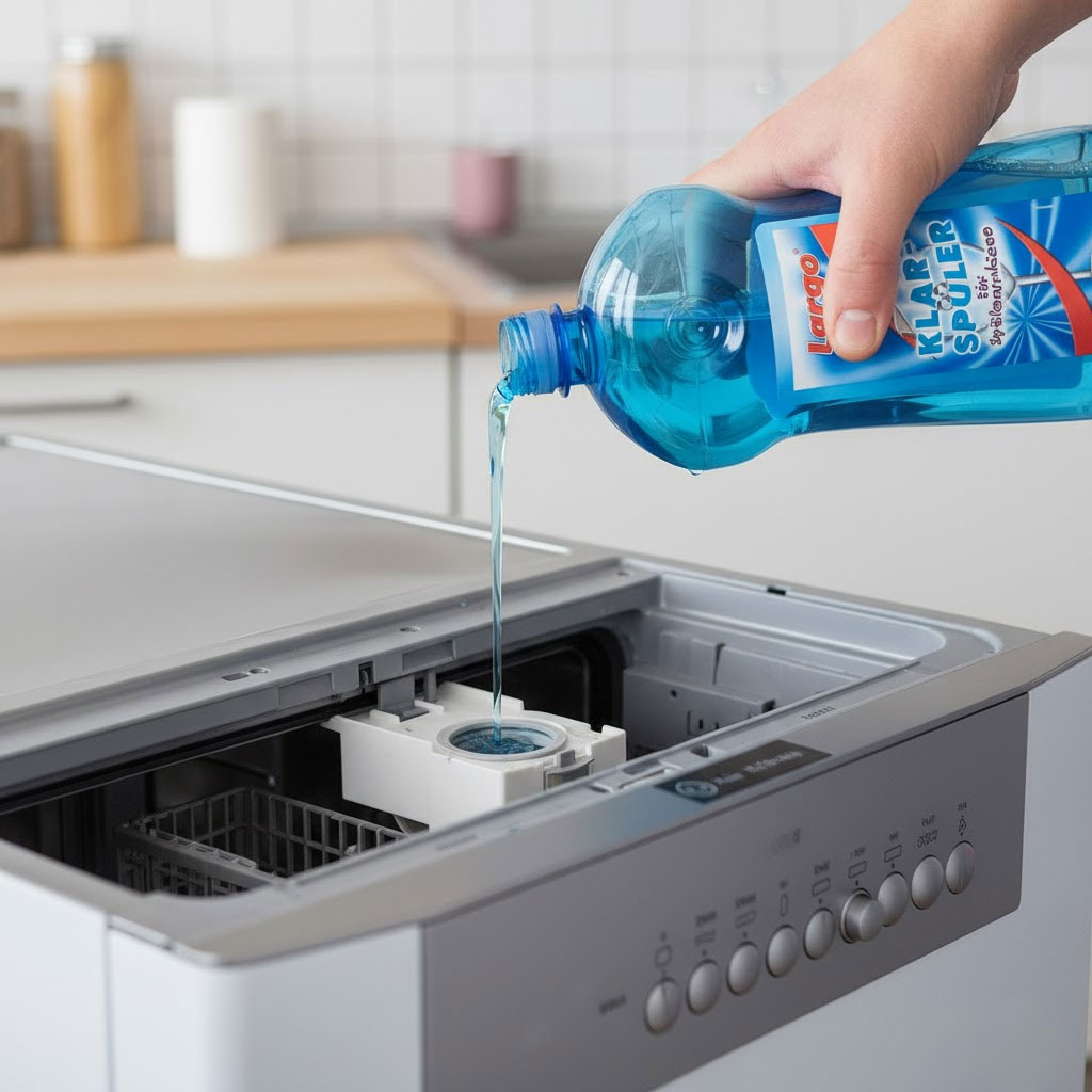 Người dùng đang đổ nước làm bóng vào ngăn chuyên dụng của máy rửa bát Người dùng đang đổ nước làm bóng vào ngăn chuyên dụng của máy rửa bát