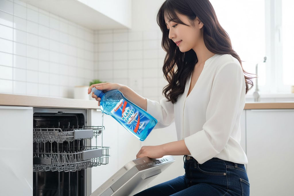 quá trình đổ dung dịch vào ngăn chứa nước làm bóng trong máy rửa bát